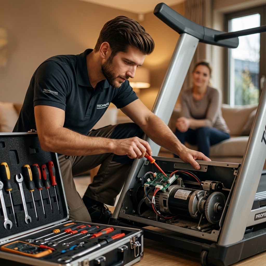 Técnico reparando caminadora eléctrica a domicilio en CDMX